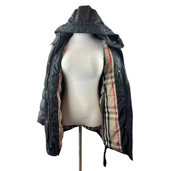 *Flawed Burberry Brit Down Puffer Jacket Coat Belted Hooded Quilted Black Size M - Picture 8 of 16